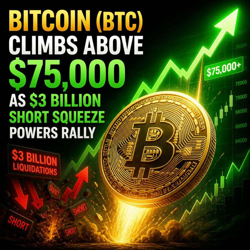 Bitcoin (BTC) Climbs Above $75,000 As $3 Billion Short Squeeze Powers Rally