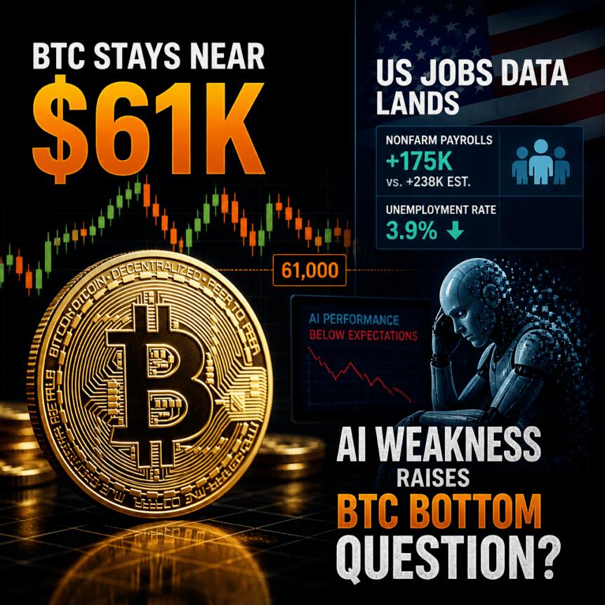 Bitcoin Stays Near $61K as US Jobs Data Lands; AI Weakness Raises BTC Bottom Question