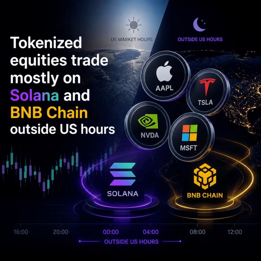 Tokenized equities trade mostly on Solana and BNB Chain outside US hours