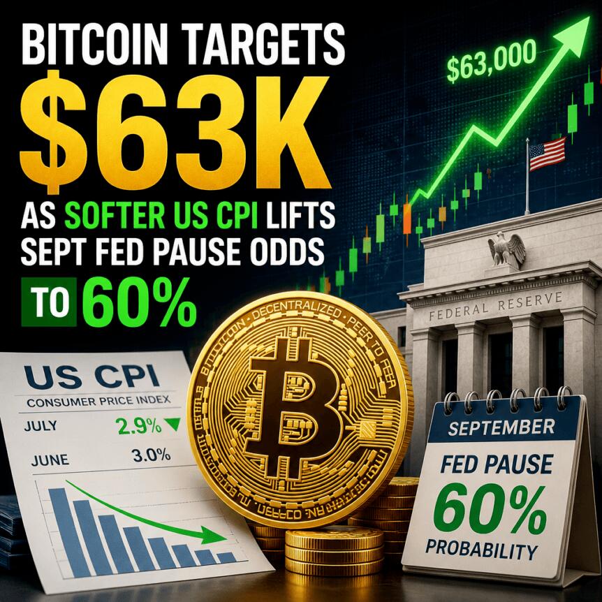 Bitcoin Targets $63K as Softer US CPI Lifts Sept Fed Pause Odds to 60%
