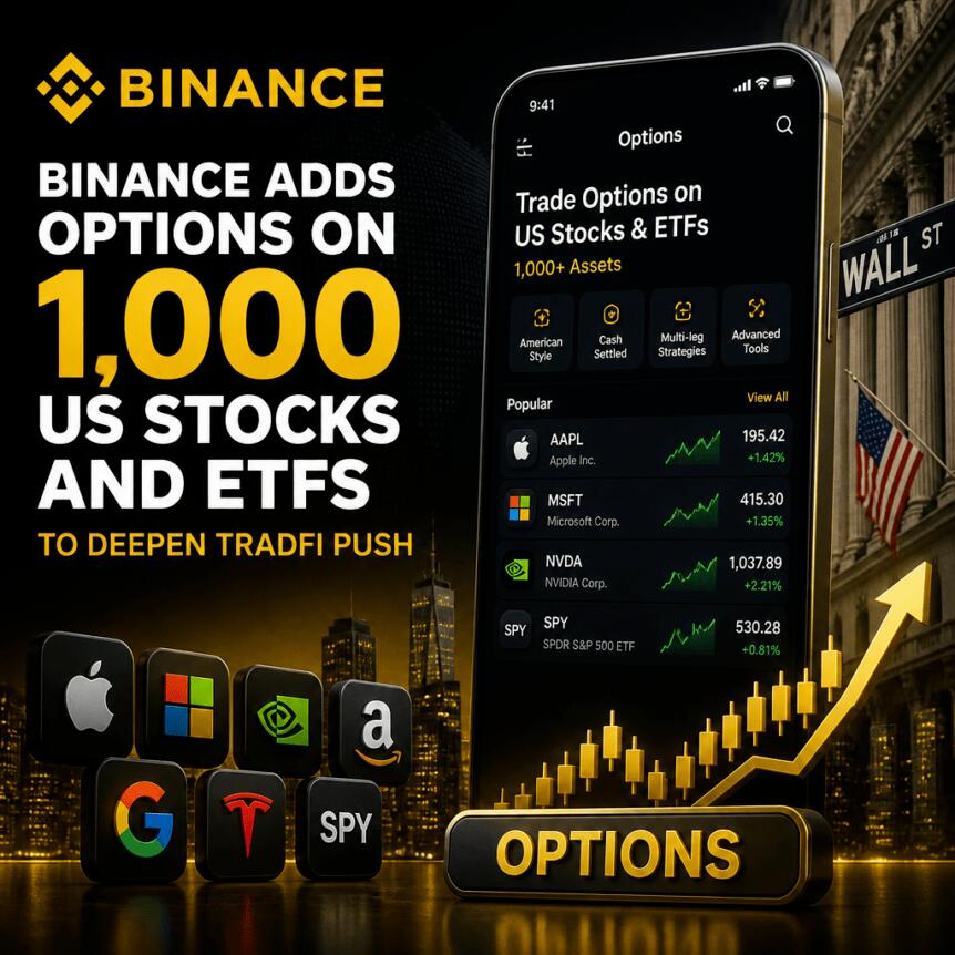 Binance adds options on 1,000 US stocks and ETFs to deepen TradFi push